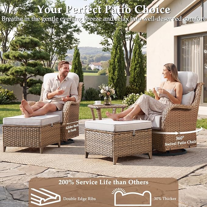 Luxury High Back Patio Furniture Set with 6-Inch Thick Cushions, 10-Pieces Outdoor Furniture with Swivel Chairs, Wicker Conversation Set for Porch, Balcony, Deck and Yard, Yellow/Beige