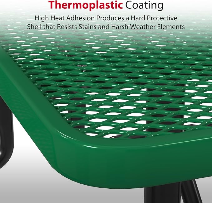 Leisure Craft Metal Picnic Table with Bench - 6 ft Rectangle Outdoor Dining Table for 6, Umbrella Hole, Weatherproof Heavy Duty Thermoplastic Coating, Commercial Grade Furniture Made in USA - Green