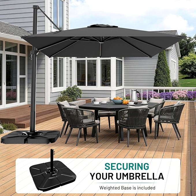 AreShark 8 × 8FT Square Cantilever Patio Umbrella with Base Included, 360° Rotation Offset Outdoor Umbrella, 5 Tilt Settings Heavy Duty Hanging Parasol for Deck Garden Pool, Grey
