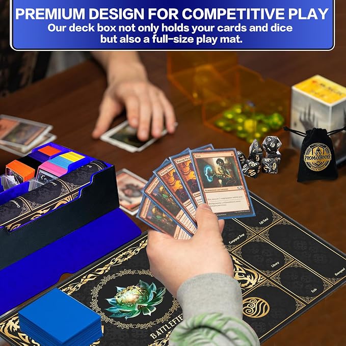 PROMAXIBINDER MTG Trading Card Storage Box with Playmat Fits 3000+ Cards, B-Row Commander Deck Case, 3 Display Windows, 6 Movable Partitions, 24 Dividers, for Magic/TCG/YuGiOh/Sport (Black&Blue)