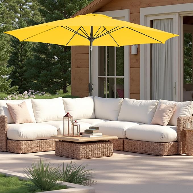 9FT Large Outdoor Patio Umbrella Pool Market Umbrella-UV Resistant, Easy Push Button Tilt and Crank, 8 Sturdy Ribs Heavy-Duty Table Umbrella for Deck, Backyard, Garden(Yellow)