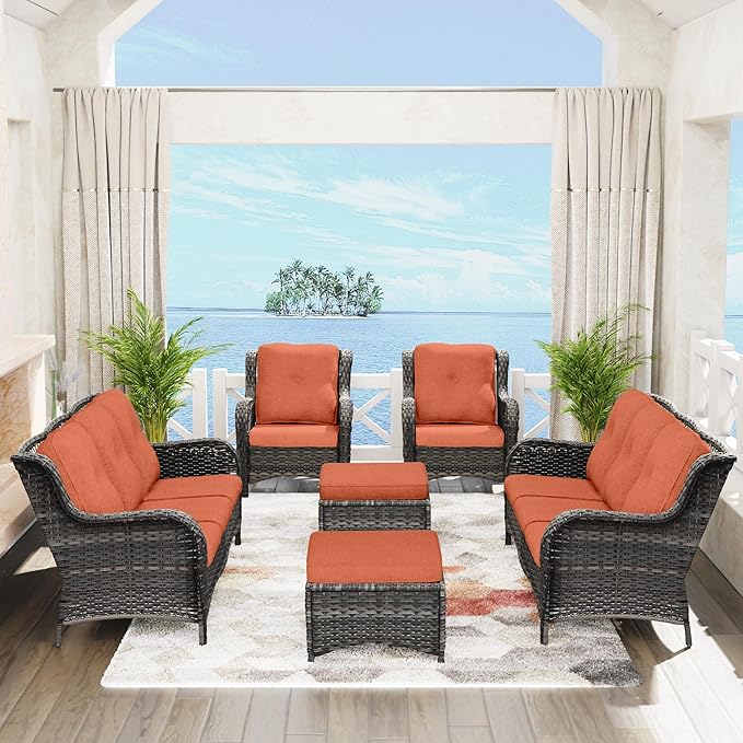 Outdoor Wicker Couch Set 6 Pieces - Outdoor Wicker Patio Furniture Set with 2 Armchairs, 2 Couch and 2 Ottomans, Olefin Cushions Included(Mixed Grey/Orange)