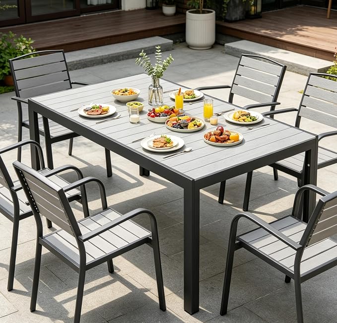ALBAD 59" Rectangular Outdoor Dining Table for 6 Peolpe, Wood Grain Top | Waterproof HDPE Tabletop on Powder-coated Aluminum Frame. All-weather Patio Table for Garden, Backyard, Deck & Porch.