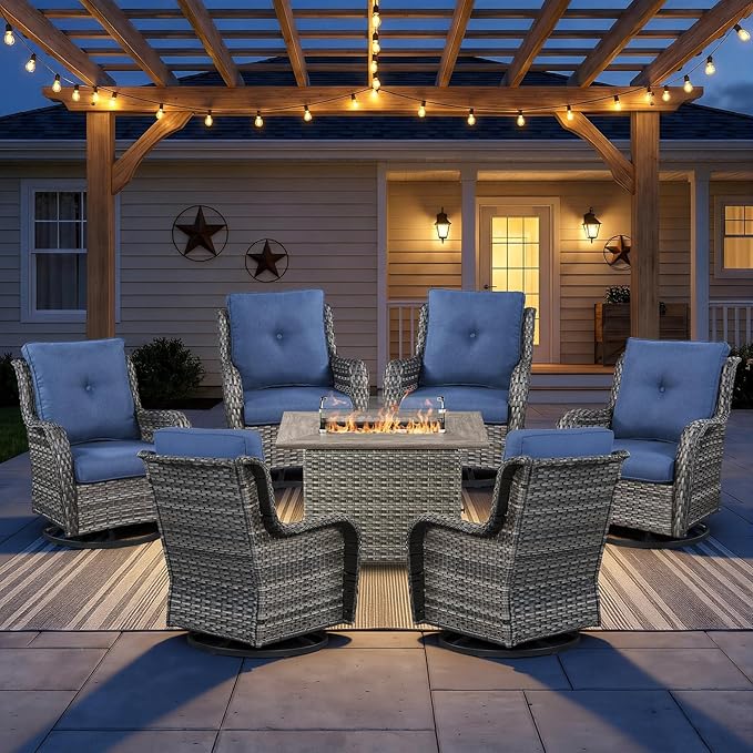 7 Piece Patio Furniture Set with 41" Fire Pit Table - High Back Swivel Glider Patio Chairs Set of 6, All Weather Deep Seating Outdoor Conversation Set for Porch Deck Yard Pool Brown