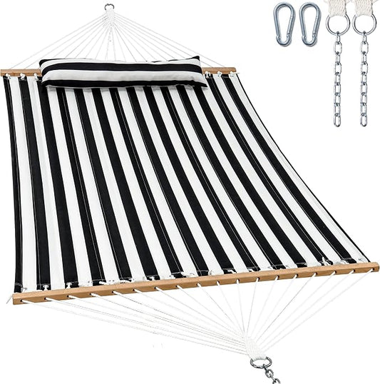 GAFETE Hammock 2 Person Quilted Fabric Hammocks for Outside, Double 12ft Hammocks with Spreader Bar, Large Removable Pillow, Storage Bag, Carabiners, Max 475 lbs Capacity (Black White)