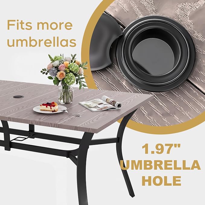 63'' Outdoor Dining Table for 6, Black Metal Patio Dining Table with 1.97'' Umbrella Hole,Anti-Rust Waterproof Square Table for Porch Deck Poolside Garden Backyard