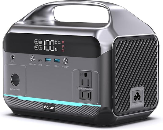 DARAN Portable Power Station 600W (1200W Peak), 288Wh Solar Generator LiFePO4 Battery with AC DC Outlets, 2hrs Fast Charging, 7-Port Design for Emergency, Hurricane (Solar Optional)