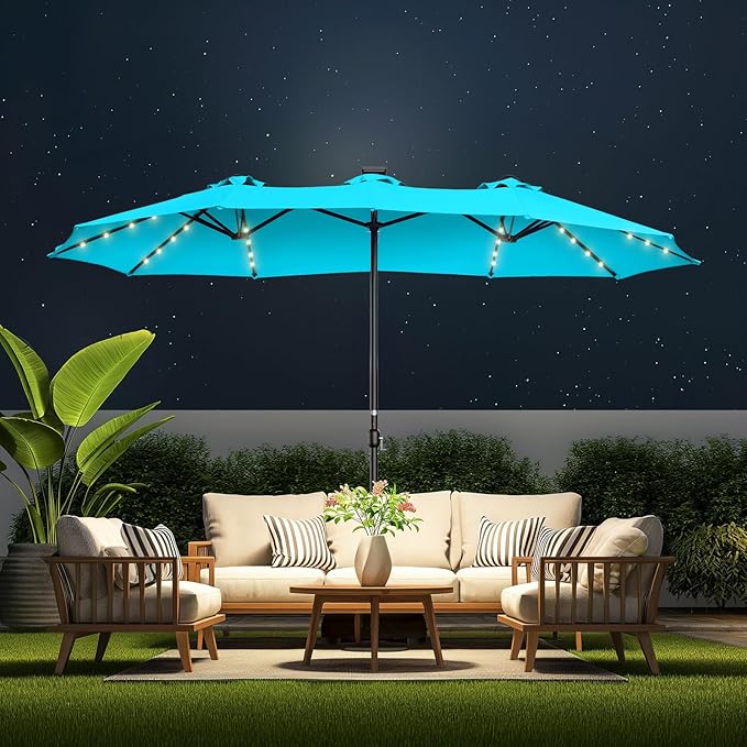 HOMSHADE Double Sided Patio Umbrellas - 15ft Solar Lights LED Lighted Outdoor Extra Large Market Table Umbrella with Base Included, Oversized Umbrella for Deck, Pool, Backyard