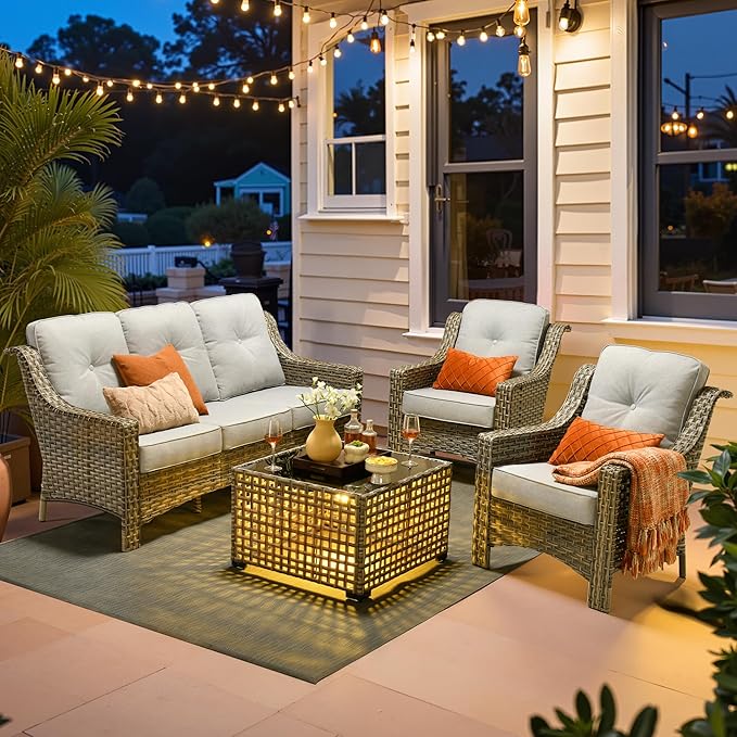 ovios 4 Piece Outdoor Patio Furniture with 3 Seat Sofa,Rattan Wicker Coversation Set with High Back,Sectional Single Sofa with Ottoman for Outside Porch Balcony Backyard Pool, Light Grey