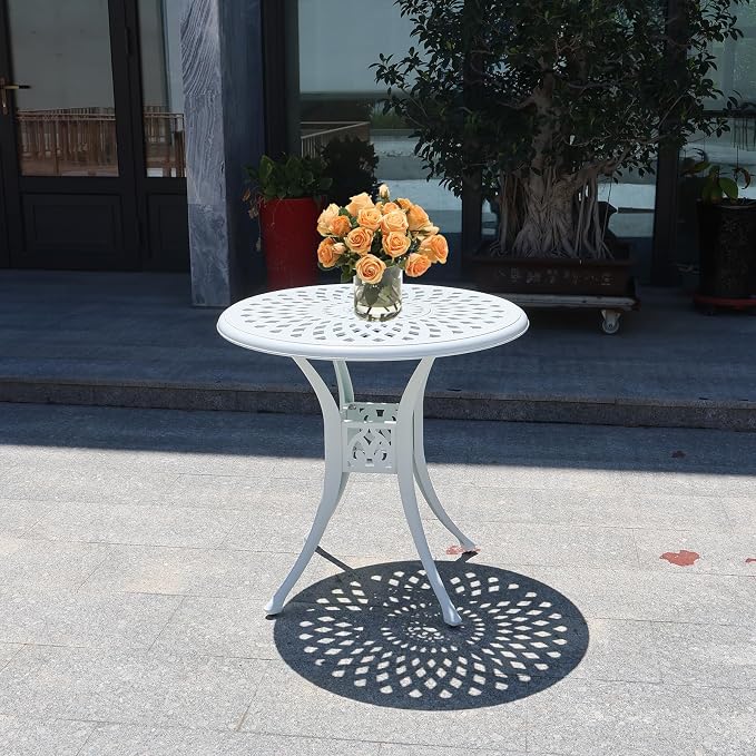 30.7" Cast Aluminum Round Patio Table, Patio Dining Table with Umbrella Hole, All Weather Outdoor Bistro Table for Backyard, Garden, Balcony, White