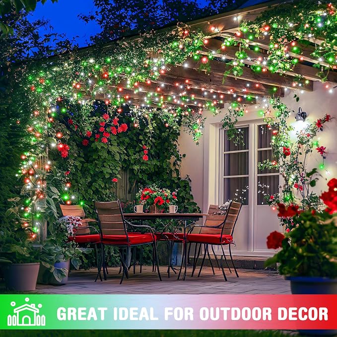 JMEXSUSS Connectable Red White and Green Christmas Lights | 8 Modes 100 LED Twinkle String Lights Indoor, Clear Wire Plug-in Xmas Lights Outdoor Waterproof