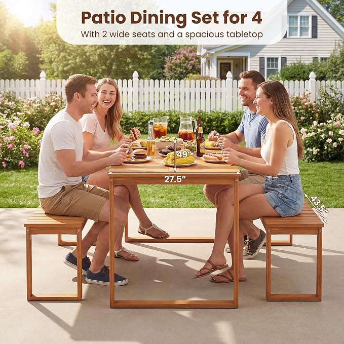 HAPPYGRILL 3 Pieces Acacia Wood Patio Dining Set, Outdoor Table with 2 Benches for 4 People, Wooden Dining Furniture Set for Yard, Garden, Porch