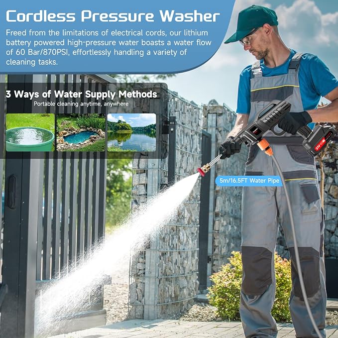 1500W Portable Battery Power Washer, 60Bar/870PSI Electric Pressure Washer Handheld High Pressure Car Washer Gun with 2 Nozzles, 2 Battery, 5m Hose Cordless Jet Washers for Car/Floor/Patio