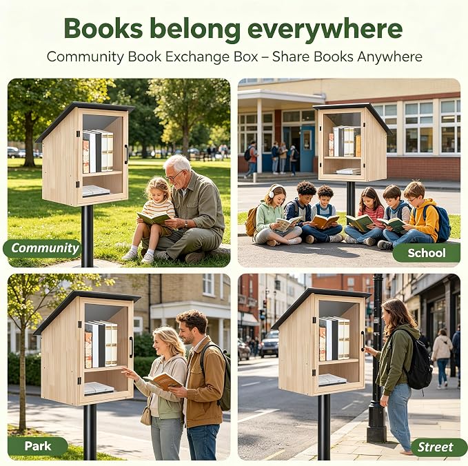 Little Outdoor Library Box, 2-Tier Waterproof Free Library Wooden Cabinet, 16x14x23in Small Storage Box for DIY, Neighbourhoods, Communities and Kids to Share Books, Magazines, Artworks