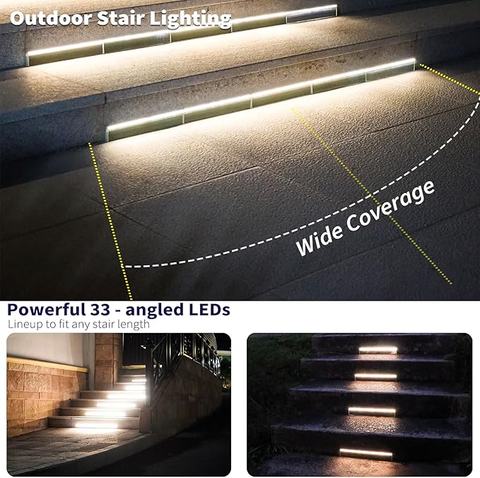 SHONELIGHTING Solar Step Lights for Outside, 33 Focused-Beam High-Brightness LEDs, Waterproof Aluminum Outdoor Stair Light for Risers, Curbsides, Poolsides, Planter Edges (Warm White, 6Pack)