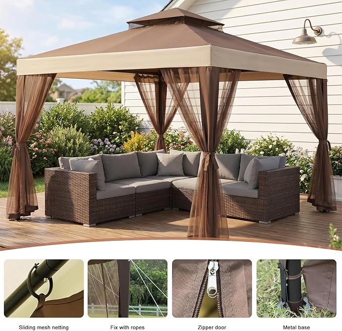 10x10 Gazebo with Netting, Canopy Tent Sun Shade Shelter for Outdoor Patio Backyard (Brown)
