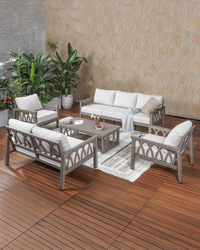 5-Piece Aluminum Outdoor Patio Conversation Set, Outdoor Furniture Sofa Couch Set with Washable Cushions, Rustproof Outdoor Sofa Set Patio Furniture Set for Deck, Poolside, Limed Oak