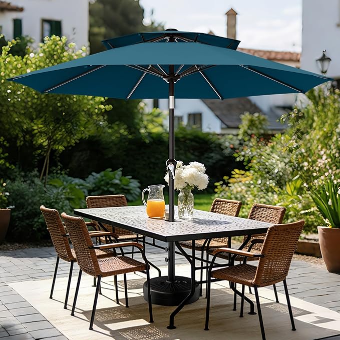 AreShark 9ft 2 Tiers Patio Umbrella - Outdoor Umbrella Waterproof UV Protection, Market Table Umbrella w/Push Button Tilt&Crank for Pool, Porch, Garden(Lake Blue)