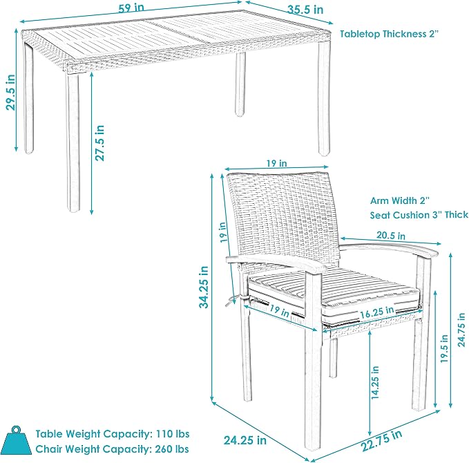 Sunnydaze Carlow 7-Piece Rattan and Acacia Outdoor Dining Set - 1 Table and 6 Chairs with Seat Cushions - Stone Gray