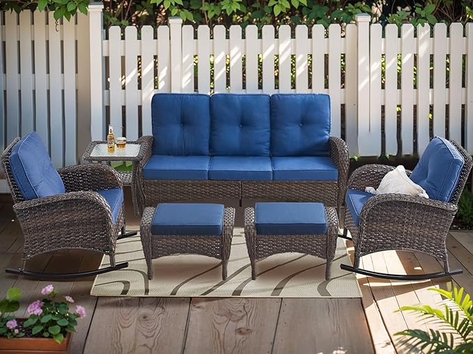 HUMMUH 6-Piece Outdoor Patio Furniture PE Wicker Patio Conversation Set,High Back Patio Couch with Ottomans Outdoor Rocking Chairs for Backyard,Porch,Deck
