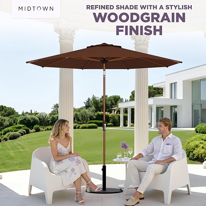 Midtown Umbrellas Wooden 2-8 Ft Patio Umbrella with 360° Swivel & Tilt Mechanism, 8 Fiberglass Ribs & Sunbrella Fabric - Outdoor Umbrella for Deck, Pool & Garden - Burgundy Canopy, Wooden Pole