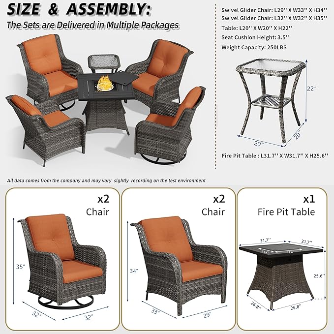 6 Pcs Patio Furniture Set with Fire Table-31'' Fire Pit Table, 1 Side Table, 4 Outdoor Rattan Wicker Conversation Chairs (2 Fixed & 2 Swivel) （Orange）