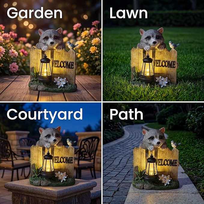 Solar LED Garden Statue with Raccoon and Welcome Sign, Outdoor Decorative Lantern with Bird and Flowers for Porch, Patio or Yard