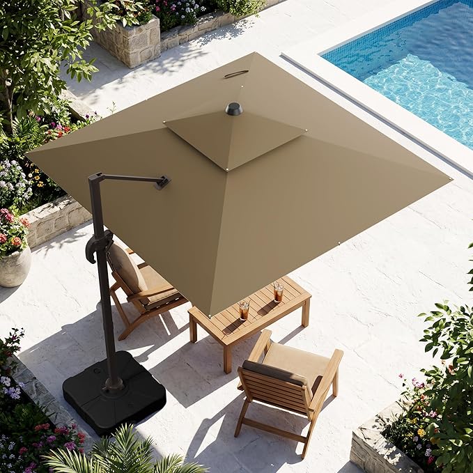 10x10FT Beige Brown Cantilever Outdoor Patio Umbrella with Base, Large Square Offset Design, Double Top Heavy Duty Aluminum Frame & 360° Rotation for Pool Garden Deck Backyard