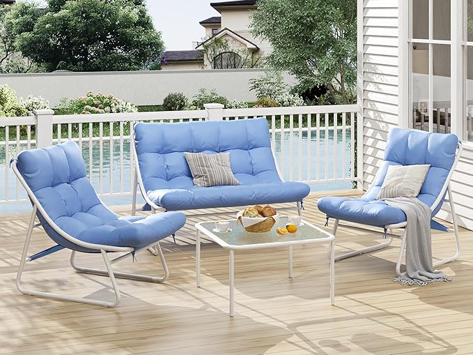 Patio Furniture Set, 4-Piece Outdoor Patio Conversation Set with Cushions & Glass Coffee Table, 2-in-1 Metal Patio Sofa Sets for Backyard, Garden, Porch, Poolside, White & Blue
