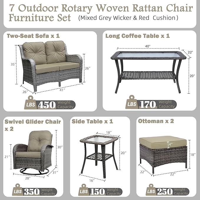 7-Piece Outdoor Patio Conversation Set with Storage Table, All Weather Wicker Rattan Conversation Set with Ottomans, Outdoor Sectional Swivel Rocking Chair for Patio, Porch,Beige