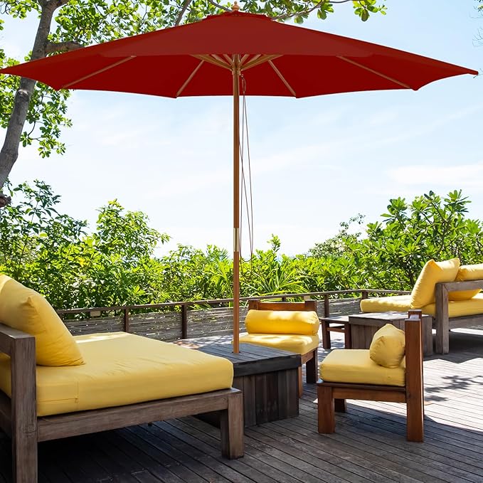 Tangkula 10FT Patio Umbrella, Outdoor Table Market Umbrella w/8 Wooden Ribs, 3 Adjustable Heights, Rope Pulley System, Detachable Pole, Wooden Patio Umbrella for Garden, Poolside, Backyard (Burgundy)