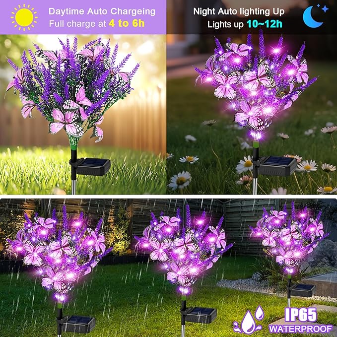 NBQQ Solar Garden Lights Outdoor 6 Pack Lavender Butterfly Lights, Solar Artificial Flower Outdoor Waterproof Decoration Gardening Gifts for Women, Yard Patio Pathway Lawn Courtyard Decoration