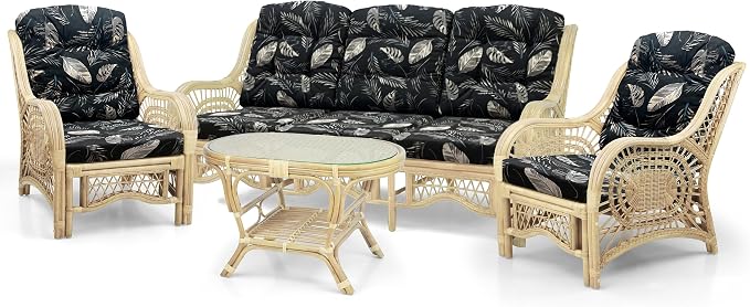 Malibu Lounge Set of 4: 2 Natural Rattan Wicker Chairs, Three-Seater Sofa and Coffee Table with Glass Handmade, Natural Color with Black Leaf Cushions
