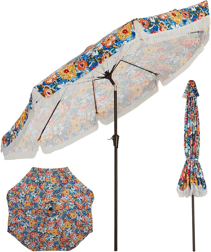 Garvee 10FT Fringe Patio Umbrella with Crank Handle, Push Button Tilt for Sun Shade,8 Fiberglass Ribs,1.5" D Premium Steel Pole, Outdoor Large Tassel Umbrella for Patio Beach Pool Backyard,10' Flower