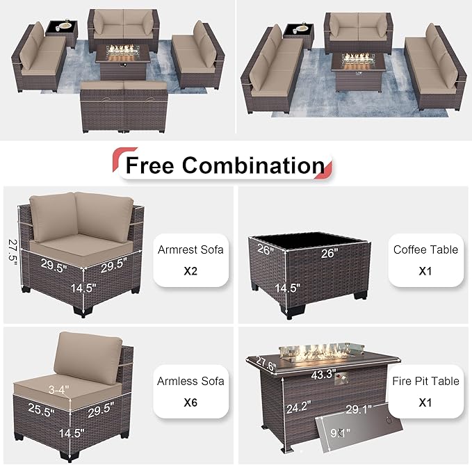 Patio Furniture Sectional Sofa 10PCS PE Rattan Patio Conversation Set w/43in Gas Fire Pit Table, Patio Outdoor Furniture with 4 Inch Thickened Cushions and Glass Coffee Tables, Sand