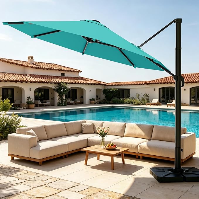 AreShark 11FT Round Cantilever Patio Umbrella with Base Included, 360° Rotation Offset Outdoor Umbrella, 5 Tilt Settings Heavy Duty Hanging Parasol for Deck Garden Pool, Peacock Blue