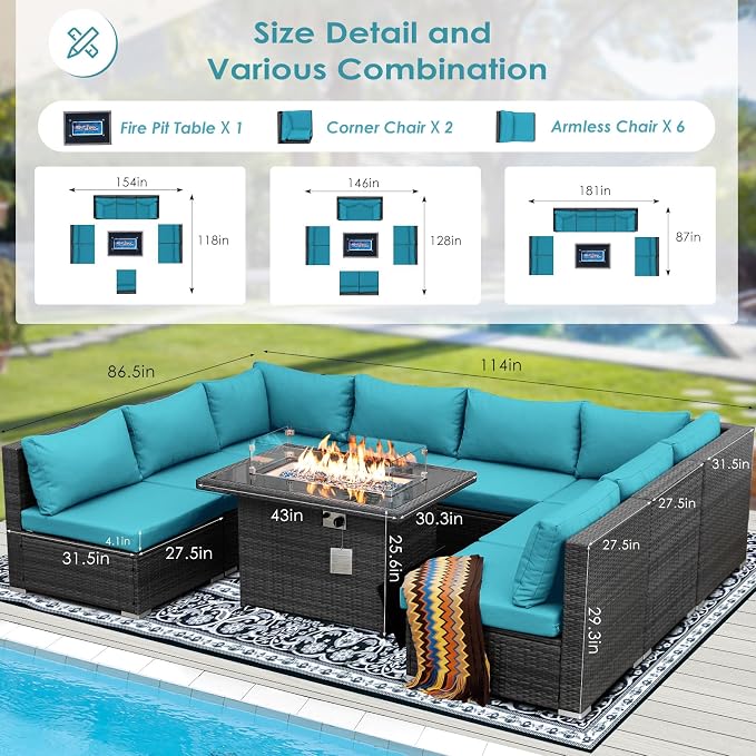 RADIATA 9 Piece Wicker Patio Furniture Set with Fire Pit, All-Weather Outdoor Sectional Couch High Back Large Size, Modular Backyard Seating Sofa Set with Propane/Natural Gas Firepit Table, Grey&Teal