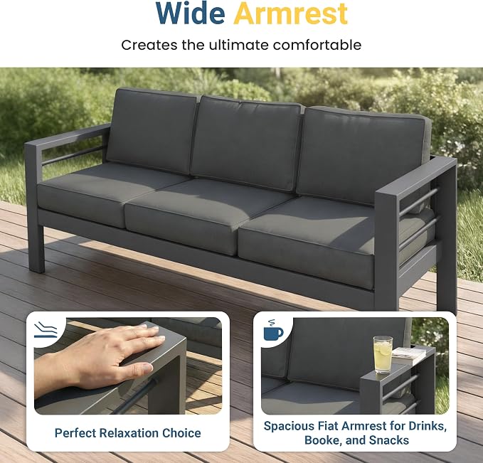 Wisteria Lane 5 Pieces Aluminum Patio Furniture Set with Umbrella, All Weather Oversized Outdoor Furniture Set with Deep Seat and Back Cushion, Patio Conversation Sets with Wide armrest, Gray & Navy