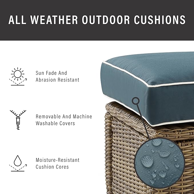 Crosley Furniture Bradenton 2-Piece Outdoor Chair and Ottoman Set, Wicker Patio Conversation Sets for Porch, Brown with Navy Cushions