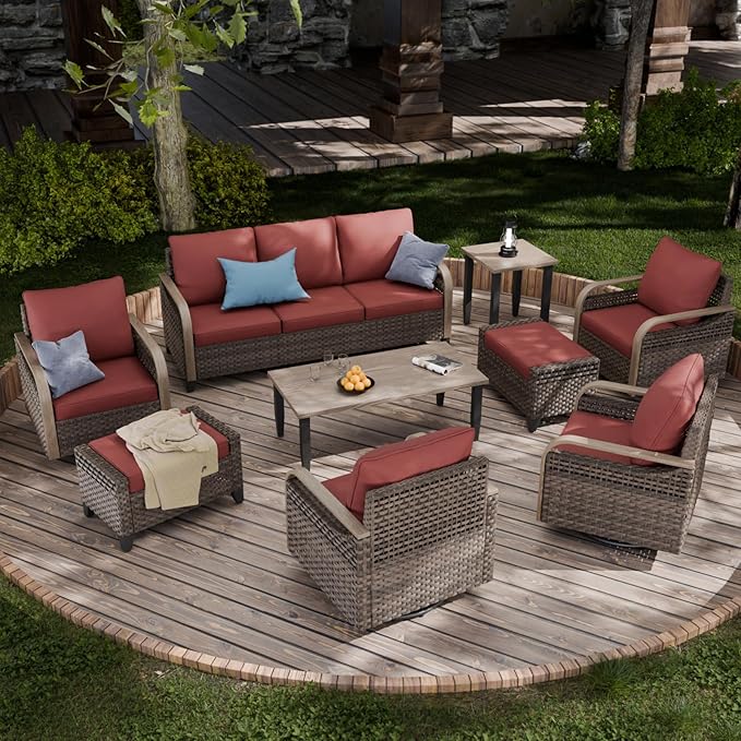 COOS BAY Modern Wicker Outdoor Furniture Set, 9 Piece Patio Conversation Set with 4 Swivel Rockers, a 3 Seat Couch, 2 Ottomans, Coffee Table & Side Table, 9 Piece, Brown/Red