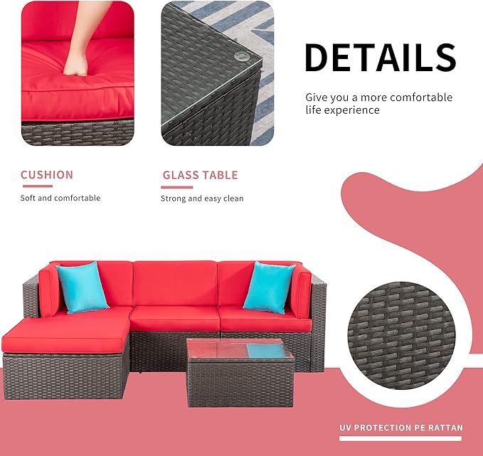 Shintenchi 5 Pieces Patio Furniture Sets Outdoor All-Weather Sectional Patio Sofa Set PE Rattan Manual Weaving Wicker Patio Conversation Set with Glass Table&Ottoman Cushion and Red Pillows, Red