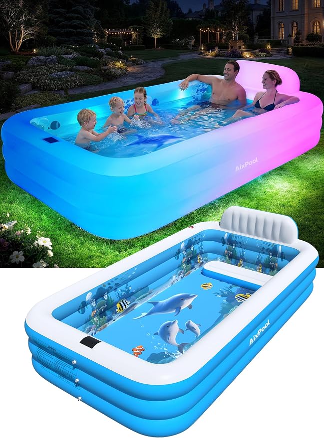 Extra Large Inflatable Pool with Lights,Upgraded Solar Powered Blow Up Pool for Adults,Inflatable Kids Swimming Pool with Seat& Backrest,Big Inflatable Kids Pool for Backyard,119x72x19IN
