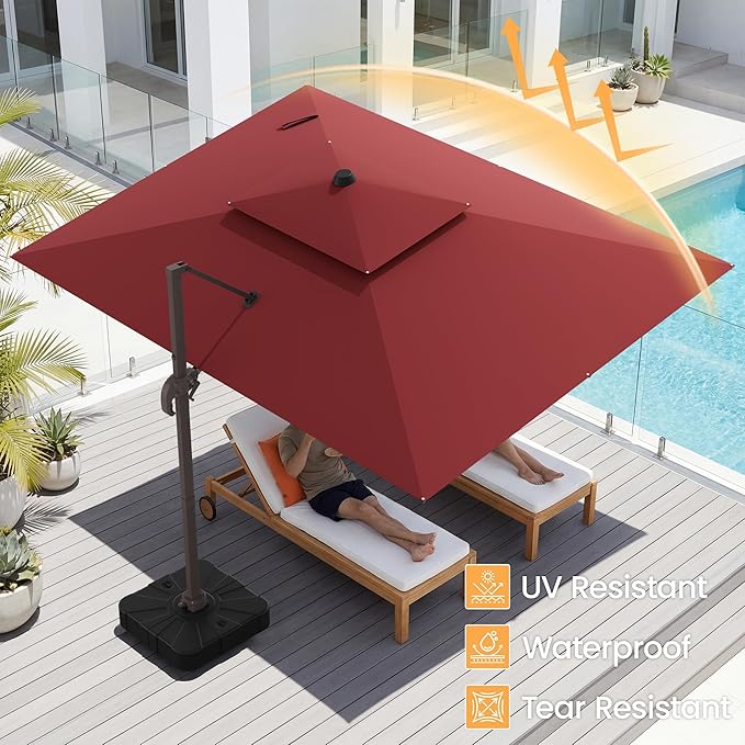 HASLE OUTFITTERS 9x12 FT Patio Cantilever Umbrella with Base, Outdoor Offset Large Rectangular Heavy Duty Double Top Umbrellas with 360° Rotation for Pool Garden Deck，Red