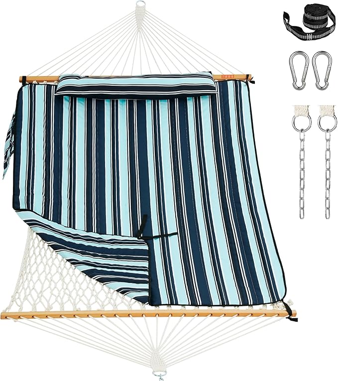 Lazy Daze Hammocks Rope Hammock with Pad, Spreader Bar, Carabiners, Tree Straps, Chains for Outside Patio- Max 450 Lbs, Aqua Navy