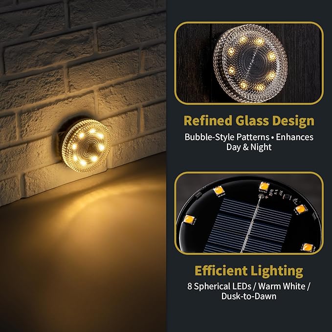 Glass Solar Step Lights with Bubble Style, Modular-Design Waterproof Outdoor Fence Lights for Stairs Step Yard Patio Garden Wall Pathway, Decorative Patio Table Lighting, Warm White (2 Pack)