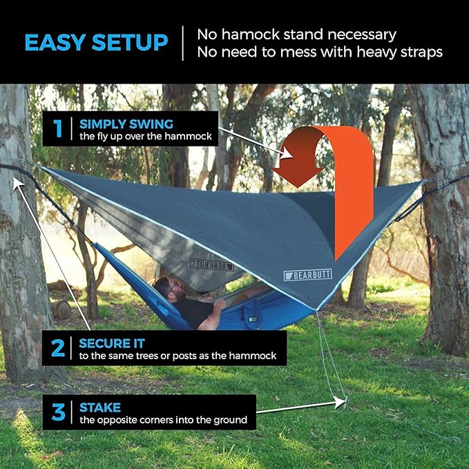 Bear Butt Kodiak Hammock, 550 lbs Capacity, Black Nylon Hammock with Rain Fly and Bug Net