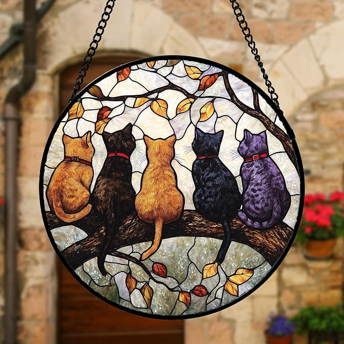 DASTOLL Stained Glass Window Hanging - 5 Cats on a Branch Suncatcher for Window Doors Home Decoration and Christmas, Mother's Day Father's Day Birthday Gifts for Women, Men, and Mom 7.8x7.8 in
