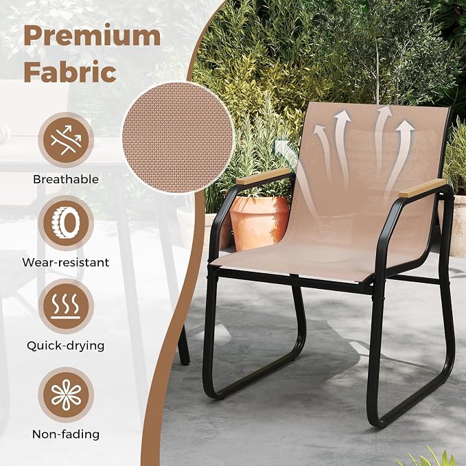 Tangkula 5 Pieces Patio Dining Sets, Outdoor Rectangular Dining Table & 4 Fabric Chairs with Wood-Like Armrests & Metal Frame, Patio Furniture Set for Garden Yard Porch Deck Poolside (Brown)