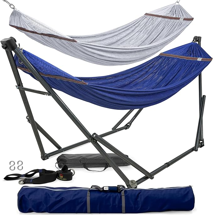 Tranquillo Combo x2 Hammocks with Stand for Outside & Tree Straps, Heavy Duty Hammock with Stand 600lbs for Indoor Outdoor Patio Backyard, x2 Hammocks for 2 Person (Combo - Blue, Medium)