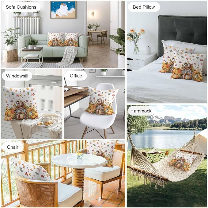 Fall Gnomes Outdoor Waterproof Pillow Covers, Thanksgiving Pumpkins Leaf Sunflowers Farm Decorative Square Throw Pillowcase Sofa Cushion Sham for Patio/Couch/Chair, 16"x16" 2 Pack